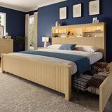Uteeran Queen Size Bed Frame and Tall Headboard & Storage, Metal Platform Bed Frame with 4 Storage Drawers, Queen Bed Frame with LED Lights & Charging Ports, No Box Spring Needed, Noise-Free, Natural