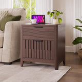 PIXOURA Fluted Nightstand with Charging Station, 21" Wide Modern Bedside Table with 2 Storage Drawers, Curved Corner & Metal Handle, Mid Century Night Stand End Side Table for Bedroom, Walnut