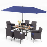 PHI VILLA 7pc Patio Dining Set w/Umbrella, Wood-top Table, Rattan Chairs