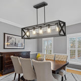 Espird Farmhouse Dining Room Light Fixture - 5 Light Matte Black Rectangle Light Fixture with Adjustable Height & Thickened Metal Dining Table Fixture Chandeliers for Dining Room&Kitchen Island