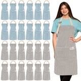 Janmercy 24 Pcs Aprons for Women Men with 2 Pockets Linen Cooking Kitchen Apron Adjustable Bib Chef Apron Bulk Aprons Unisex(Blue, Gray,Thin Stripes)
