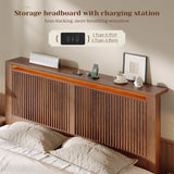 Homkdom Queen Bed Frame with 2 Drawers and Mid-Century Wooden Wavy Panel Headboard,Charging Station&LED Lights,Heavy Duty Steel,Noise-Free,No Box Spring Needed,Easy Assembly,Walnut
