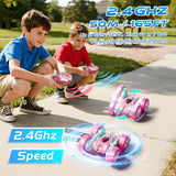 Zalneo RC Car Pink 4WD Remote Control Car 360° Flip Double‑Sided LED Light Bar & Quick‑Swap USB‑C Modular Battery, 2.4 GHz No‑Interference Popular Outdoor Beach Toy, Popular Gift for Girls Ages 6‑12