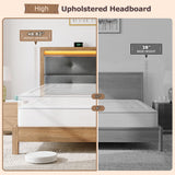 EnHomee King Size Bed Frame, Upholstered Storage Headboard with Charging Station & LED, Wooden Bed Frame，No Box Spring Needed, No Noise, Easy Assembly