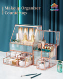 Youdepot Tempered Glass Makeup Organizer & Lipstick Holder with 24 Slots-Countertop Cosmetic Organizer for Vanity with Brush Holder Ideal Large Makeup Storage Drawer Organizer for Bathroom & Dresser.