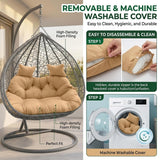 TusaMer Double Egg Chair Cushion Replacement, 130x110cm Thick Padded Hanging Chair Cushion with Removable Cover & Pillows, Khaki Egg Replacement Double Hanging