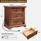 T4TREAM Farmhouse Nightstand Set of 2, 23.6" End Table with 3 Drawers Storage, Wood Side Table w/Roman Column, End Tables Living Room Set of 2, Bedside Cabinet for Bedroom, Reclaimed Barnwood