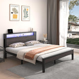 HAY Full Size Bed Frame with 2-Tier Storage Headboard, Metal Platform Bed with Charging Station and LED Light, Metal Support, Noise Free, No Box Spring Needed, Grey