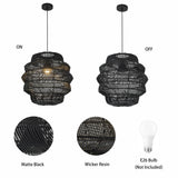 Outdoor Handmade Rattan Pendant Light Coastal Boho 1-Light 20 in. Matte Black Tiered Drum Ceiling Light for Patio with Wicker Rattan Shade