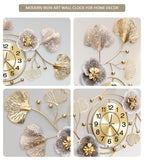 JXQXYN Clocks for Living Room, Large Wall Clock, 3D Silent Wall Clock, Retro Metal Ginkgo Leaf Design, for Bedroom Kitchen Decorative Wall Clocks（32''x18'' ）