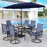 MFSTUDIO Outdoor Dining Set for 6, Navy Blue Umbrella & Swivel Chairs