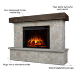 Real Flame Odette 64" Grand Electric Fireplace, Natural Look of Stacked Stone, Replaceable Fireplace Insert Heater, Realistic Log and Flame Effect, Remote Control, Timer (Natural Stone)