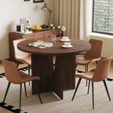 HIPIHOM Modern Round Dining Table Set for 4, 39.4" Walnut Kitchen Table with 4 PU Leather Chairs, 5-Piece Mid-Century Dining Room Set for Small Spaces, Pedestal Base