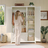 AMERLIFE Farmhouse 3 Door Wardrobe Closet with 2 Drawers & Hanging Rod, 47" Large Armoire Storage Cabinet with Adjustable Shelves, Freestanding Clothing Organizer for Bedroom, White