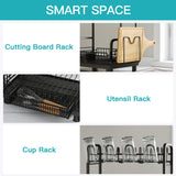 romision 2 Tier Compact Stainless Steel Dish Drainers Drying Rack for Kitchen Counter, Space Saving, Rust Proof Plate Strainers Holder On Countertop with Drainboard, Modern Black, Small