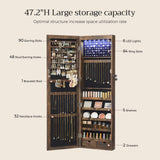 SONGMICS 6 LEDs Mirror Jewelry Cabinet, 47.2-Inch Tall Lockable Wall or Door Mounted Jewelry Armoire Organizer with Mirror, 2 Drawers, 3.9 x 14.6 x 47.2 Inches, Rustic Brown UJJC93CB