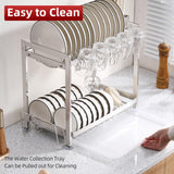 LIZWETEC Dish Drying Rack, Double Layered countertop Kitchen Organizer with Drainage Large Bowl Rack and Storage Rack with Drainage Board (Silver Upgraded Version)