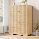 Jocoevol Fluted 5 Drawer Dresser, 43" Tall Dresser Chest of Drawers Curved Profile Design, Wood Mid Century Vertical Dresser Natural Texture for Bedroom, Natural Oak Dresser