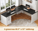 L Shaped Desk with Hutch and 3 Drawers, 68.9" Executive Office Desk with File Drawer and Power Outlet