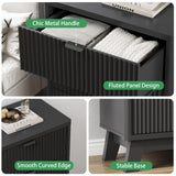 Xixini Fluted Nightstand with 3 Storage Drawers, 24" Wide Wood Bedside Table with Mental Handle, Mid Century Modern Wooden Side Table Night Stand, Curved End Table for Bedroom, Living Room, Black