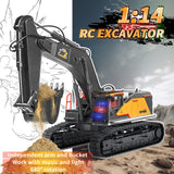 FUYLE 22 Channel Remote Control Excavator, 1/14 Scale RC Excavator Metal Shovel Independent Arms, Professional Construction Vehicles with Lights Sounds, Best Gift for 8+ Years Old Boys Adults