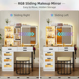 MDGC RGB Vanity Desk with Sliding Mirror and Lights,Glass Top(White