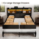 BRELTAM Queen Storage Bed Frame with 6 Drawers, USB Charging Station, No Noise, No Box Spring Required, Vintage Black Headboard Platform Bed
