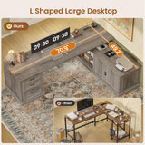 SEDETA Farmhouse L Shaped Desk with Drawers, 70.9" Home Office Desk with Storage Cabinet and Storage Shelves, L Shaped Computer Desk with Power Outlet，Gray