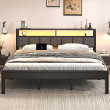 E-Motie King Size Bed Frame with LED Lights and Charging Station, Wood Storage Headboard with 2-Tier Shelves, Heavy Duty Metal Slats, No Box Spring Need, Noise Free, Easy Assembly, Light Grey