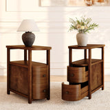 LITTLE TREE Solid Wood End Table Set 2 with 2 Drawers & Open Shelf, No Assembly Required Side Table for Living Room, Vintage Brown Couch Side Tables, Slim Bedside Table Nightstand for Bedroom