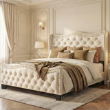 Queen Upholstered Bed Frame, 50-Inch Wingback Headboard, Cream White