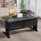 63 Inch Executive Desk with File Cabinet, L Shaped Office Desk with Drawers and Storage Shelves
