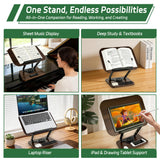 Siyoriot Book Stand for Desk, 360° Rotating Cookbook Holder for Hands-Free Reading Recipe Book Holder with Page Clips, Adjustable Height for Textbooks, Comics, Sheet Music
