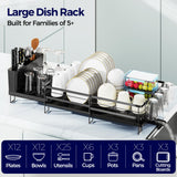 Pantasia Large Dish Drying Rack, Expandable Dish Rack for Kitchen Counter, Dish Drainer with Drainboard Set, Multifunctional Dishrack with Utensil & Cup Holder, 13.4"-28.7" L x 11.8" W x 7.8" H, Black
