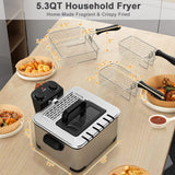 SIMOE 5.3QT Electric Deep Fryer with 3 Baskets, Double Deep Fryer for Home Use w/Timer & Lid, Stainless Steel, Temperature Control, View Window, Countertop Oil Fryer for Kitchen, Party, French Fries
