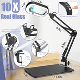 Drdefi 10X Square Magnifying Glass with Light and Stand, Real Glass LED Lighted Magnifier, 5 Color Modes Stepless Dimmable, Hands-Free Mag Desk Lamp with Clamp for Reading Craft Hobby Close Work Black