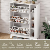 Shoe Cabinet Storage for Entryway with 3 Flip Drawers & Side Cabinet, Fluted Narrow Shoe Organizer with Wooden Leg, Freestanding Shoe Storage Hidden Shoe Rack Organizer for Front Door Entrance, White
