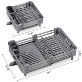 Urackify Stainless Steel Dish Drying Rack - Dish Drainer for Kitchen Counter, Extendable Drainboard with Foldable, Space-Saving Cup & Bowl Organizer, Includes Knife and Utensil Holder, Gray