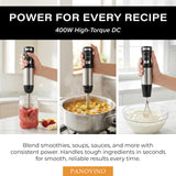 PANOVINO Immersion Blender with Stainless Steel Blending Arm, Whisk & Chopper – Variable Speed Hand Blender, 400W DC Motor, Metal Connector, Mixing Cup Included, Black