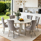 SSLine Faux Stone Round Dining Table Set for 6 w/Velvet Chair,Mars Pattern