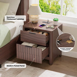PIXOURA Fluted Nightstand with Charging Station, 21" Wide Modern Bedside Table with 2 Storage Drawers, Curved Corner & Metal Handle, Mid Century Night Stand End Side Table for Bedroom, Walnut