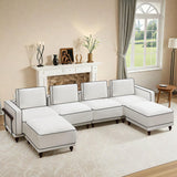 146" Cloud Modular Sectional Sofa,Oversized Deep 4 Seater Couch with Armrests Wooden Legs,Comfy Thicked Cushion Upholstered Sofa for Living Room Bedroom,White