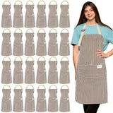 Janmercy 24 Pcs Aprons for Women Men with 2 Pockets Linen Cooking Kitchen Apron Adjustable Bib Chef Apron Bulk Aprons Unisex(Brown,Thin Stripes)