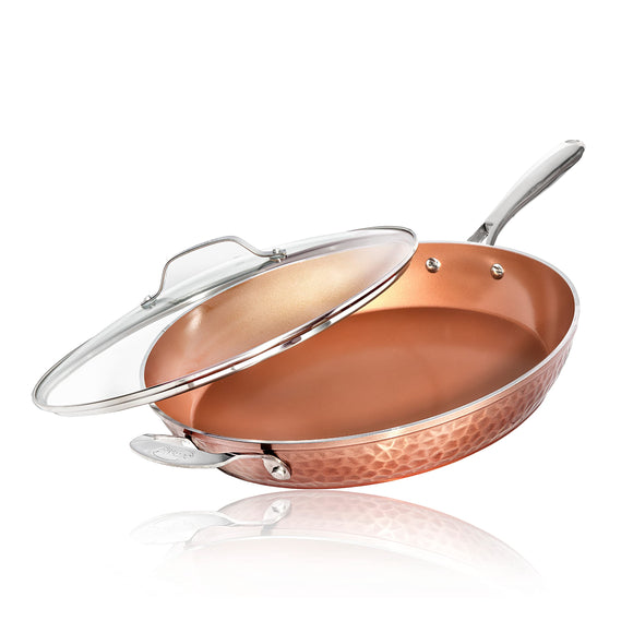Steel Hammered Copper 14 Inch Non Stick Frying Pan with Lid, Nonstick Frying Pan with Ceramic Coating GOTHAM STEEL
