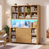 ADORNEVE Tall Mid Century Bookshelf with Storage Drawers,Oak
