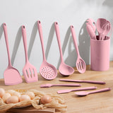 Homikit 15-Piece Kitchen Utensil Set, Silicone Cooking Utensils Spatula Set with Holder for Nonstick Cookware-Pink