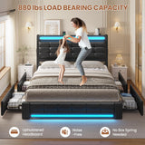 ADORNEVE Full Size Bed Frame with Storage Headboard & 4 Drawers, LED Bed Frame Full with Charging Station, Leather Upholstered Platform Bed Frame with Button Tufted, No Box Spring Needed, Black PU
