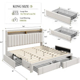 EnHomee King Fabric Upholstered Bed Frame with 4 Drawers and Rivet Decor Storage Headboard, 1000LBS Wooden Slats Support for Apartment, No Box Spring Needed, Easy Assembly, Beige