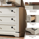 T4TREAM 32" Farmhouse Nightstand with Charging Station Set of 2, Large End Table with 3 Storage Drawers, Rustic Wood Bedside Table for Bedroom, Living Room, Antique White