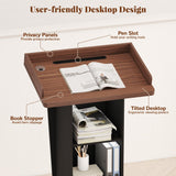 Podium Stand with Metal Wheels, Wooden Pulpit with 15° Tilted Desktop and Storage Cabinet, Built-in Cable Hole Lectern Desk